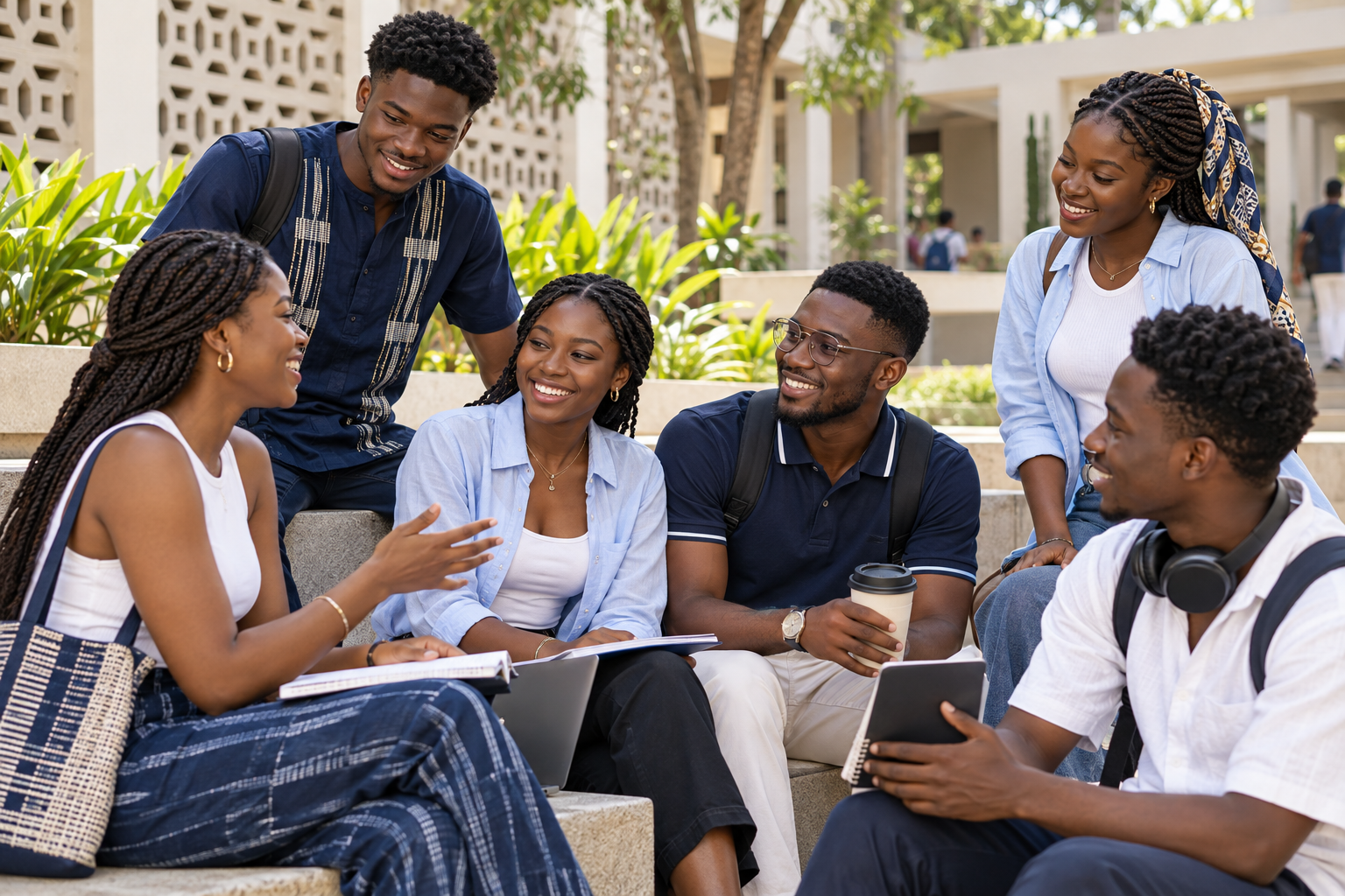 Illustrative image of Black university students sharing a conversation in a Ghanaian courtyard
