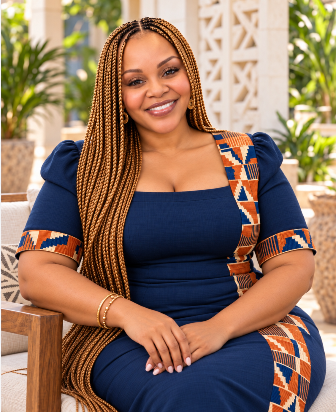 Tarsha Lewis in a navy dress with copper-orange and ivory Ghanaian kente accents