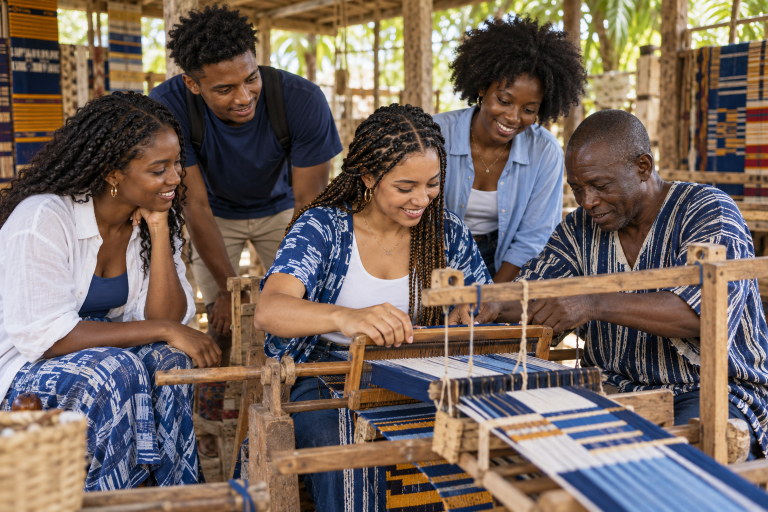 Illustrative scene of students learning textile weaving with a Ghanaian artisan